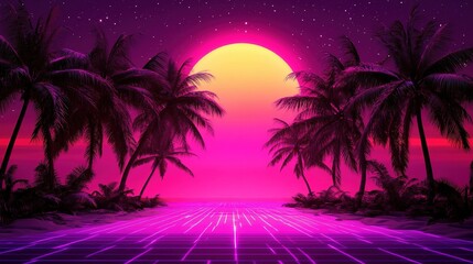 Obraz premium Vibrant sunset with palm trees and neon reflections along a tranquil tropical beach at dusk
