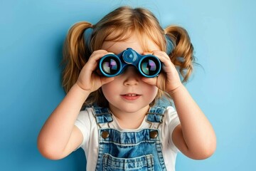 Little Explorer Curious Girl With Binoculars on a Blue Background, Discovering the Future.