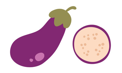 Vintage vector illustration of full and cut eggplant in doodle style. Purple eggplant. Aubergine.