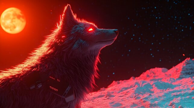 Technologically Augmented Wolf Howling at Neon Hued Lunar Landscape in
