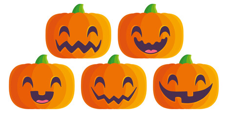 Vector set icons of pumpkin for Halloween in kawaii style.