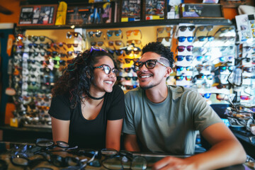 Fototapeta premium Young couple at an optometrist's, trying on eyeglasses together, surrounded by a wide variety of frames and lenses, enjoying the shopping experience