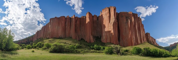 Towering red cliffs rise dramatically from the verdant ground, framed by a clear blue sky dotted...