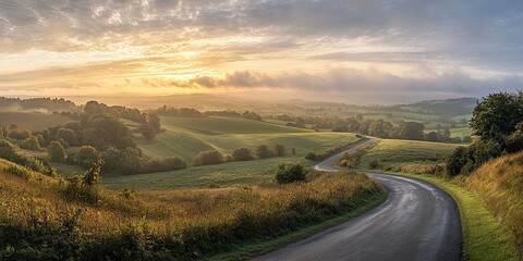 Fototapeta premium Beautiful landscape of the English countryside with green fields and a winding road at sunrise in Exeter