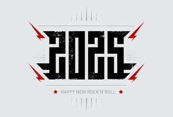Happy New Rock'n'roll 2025 - music poster with stylized inscription, red lightnings and star. 2025 - t-shirt design for new year party. Cool print for t-shirt apparels with inscription.