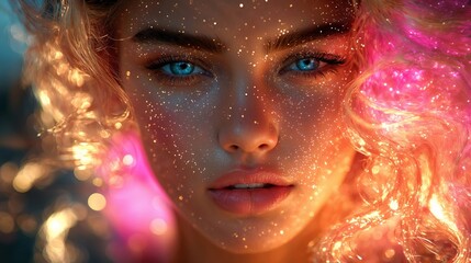 Obraz premium Close-Up Portrait of Woman with Glitter and Colorful Lights