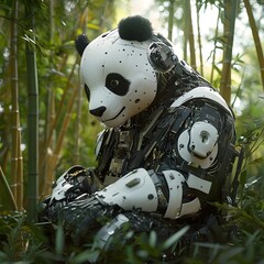 Intelligent Panda Resting in High Tech Bamboo Environment