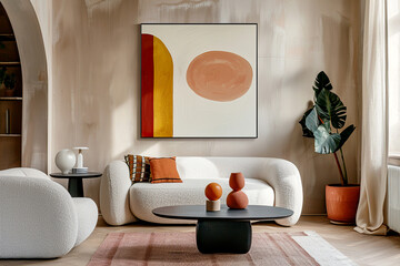 Japandi, minimalist interior design of modern living room with art frame on beige stucco wall.