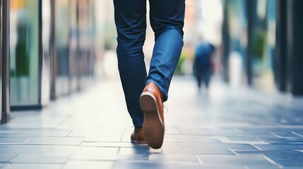 Fototapeta premium A man in jeans walks down a city street.