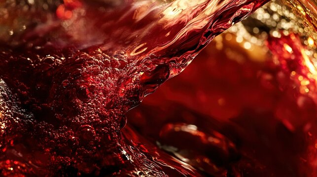 Close-up of vibrant red liquid splashing against a shimmering background during daytime, showcasing fluid dynamics and color depth