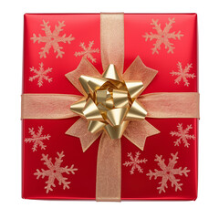 Red holiday gift box, decorated with snowflakes and gold satin bow, top view