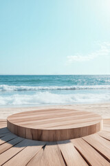 Fototapeta premium Wooden circular podium on sandy beach with ocean waves and clear blue sky in backdrop. Product display background with copy space.