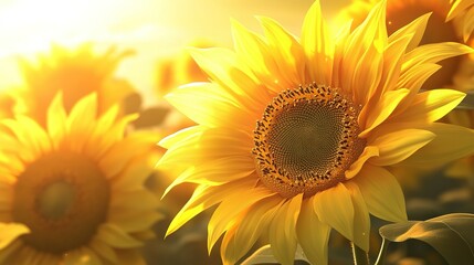 Obraz premium Sunflowers basking in golden sunlight during a serene summer evening in a vibrant agricultural field