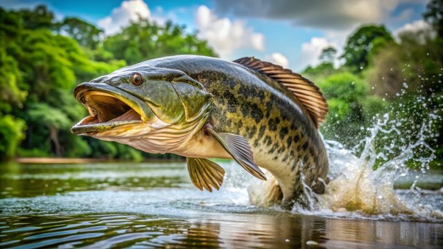 A massive, scaly, green-brown snakehead fish breaches the surface of a murky, slow-moving river, its jaws wide open in mid-air.
