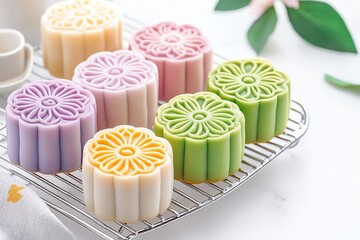 Vibrant and beautifully crafted mooncakes in various colors, perfect for festive celebrations and gatherings. A visual delight.