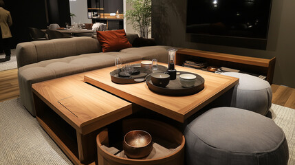 An innovative living area showcasing a coffee table with hidden storage and multifunctional ottomans that can be used for seating or as side tables