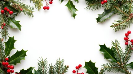 Christmas Holly and Fir Branches Creating a Decorative Frame on a White Background