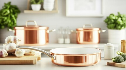 Obraz premium Non-stick copper saute pan with ceramic coating, surrounded by copper pots, high-end kitchen setup, smooth and durable finish, elegant cooking