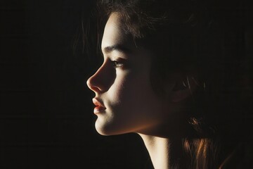 Side profile of a person illuminated by soft light, with strong shadows, side profile, portrait photography.