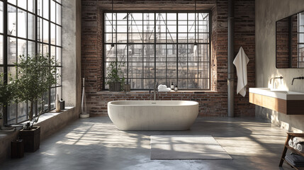 Fototapeta premium An open-concept industrial bathroom with a concrete bathtub, brick walls, and metal accents. Large windows bring in natural light, highlighting the raw materials