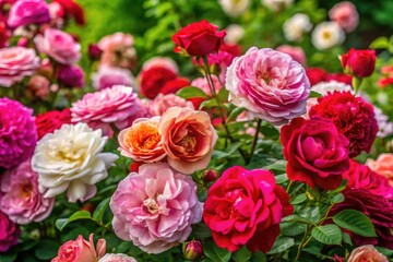 Naklejka premium Garden Blooming With Multi-Colored, Velvety Moss Roses In Shades Of Pink, Red, And White.