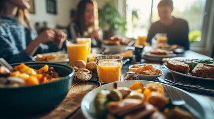 A close-up of a family seated at breakfast.