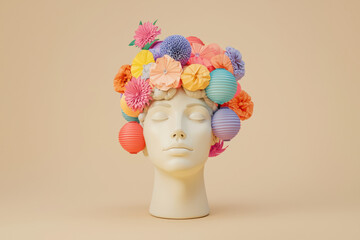 A white mannequin head with colorful paper lanterns and flowers in the brain, on a beige background.
