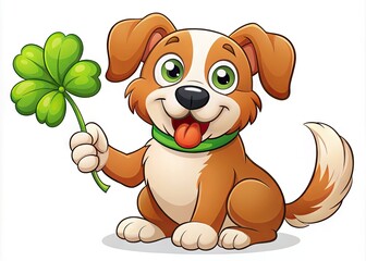 Happy Cartoon Dog Holding A Four-Leaf Clover, Symbolizing Love And Luck