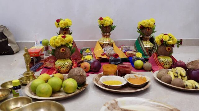 Bangalore, India 8th August 2024: Graha Pravesh. Grah or Gruh Pravesh is a Hindu ceremony performed on the occasion of an individual's first time entering their new home. Hindu Hawan pooja Rituals.