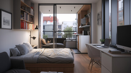 Fototapeta premium Compact studio space featuring a sliding glass divider to separate the sleeping area from the living space. The design includes contemporary furniture and a small desk for work
