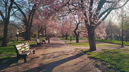 Fototapeta premium Charming park with beautiful cherry trees in bloom.