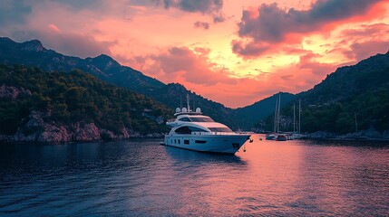 Luxury Yacht at Sunset in a Scenic Inlet