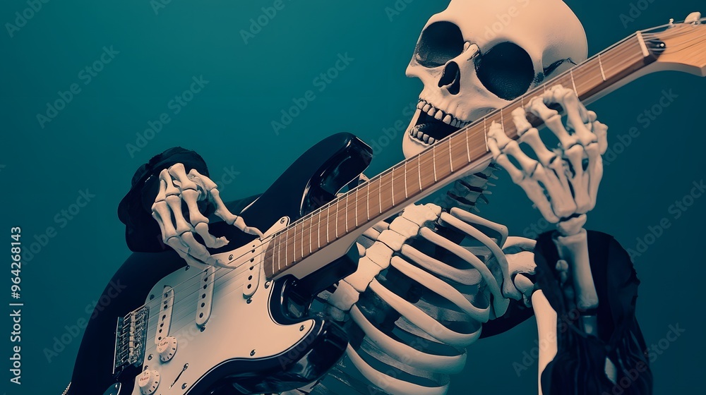 Canvas Prints Skeleton playing electric guitar with a blue background.