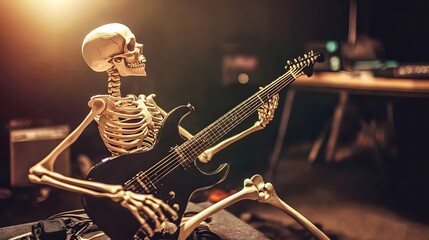 Naklejka premium A skeleton plays an electric guitar in a dimly lit room.