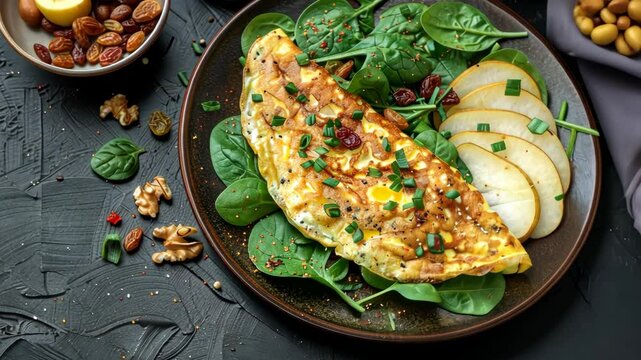 Delicious spinach and cheese omelet with walnuts and sliced pear for a healthy brunch