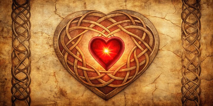 Fototapeta Intricately designed Celtic knotwork surrounds a glowing crimson heart, symbolizing eternal love and passion, on a worn, ancient parchment background with mystical rune inscriptions.