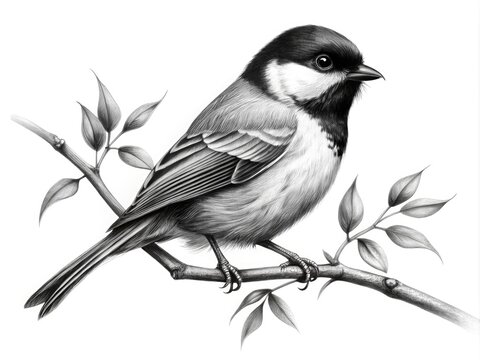 recommend clip art: Intricate Minimalist Black And White Drawing Of A Songbird Perched On A Branch Against A White Background