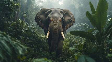 Majestic Elephant Navigating the Lush Jungle at Dawn with Glistening Skin