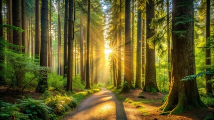 Fototapeta premium Tranquil forest trail with sunlight filtering through canopy of tall trees