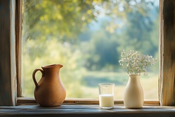 Clay jug and glass of milk on windowsill against window background. Bouquet of white flowers in a white vase. Natural green rustic blurred background. Sunny day. Free space for text