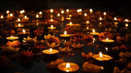 A dark background illuminated by rows of glowing oil lamps (diyas), with delicate patterns of marigold petals and lotus flowers scattered around