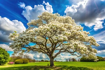 Naklejka premium Lush, majestic magnolia tree with delicate white petals and dark green leaves stands tall against a serene, sunny blue sky with soft, white clouds.