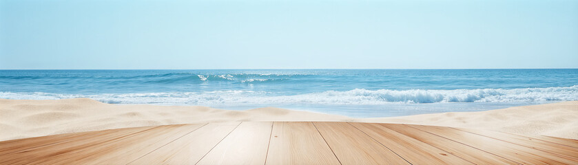 Wooden circular deck on sandy beach with ocean waves and clear sky in backdrop. Product display background with copy space.