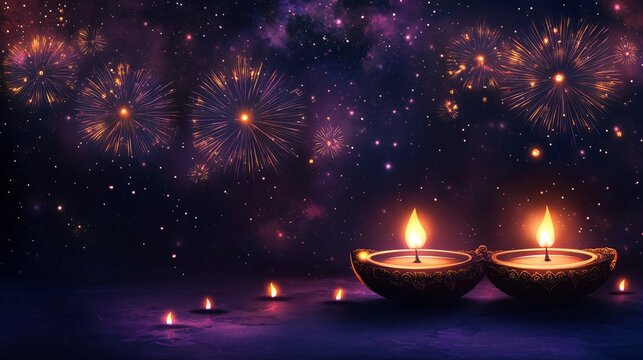 A cosmic-inspired Diwali background with vibrant fireworks exploding across a dark sky, while glowing diyas float in the foreground
