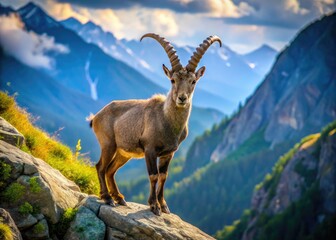 Fototapeta premium Majestic alpine ibex mountain goat with curved horns stands proudly on a rocky mountain ridge, surrounded by lush greenery and a panoramic alpine landscape.