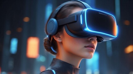 Young caucasian woman in virtual reality helmet against futuristic cityscape at night background. Cyber punk concept. Modern technology. Double exposure of woman and cityscape