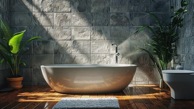 A minimalist bathroom featuring a sleek white freestanding tub set against textured dark 