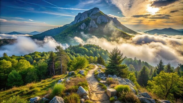 Majestic Krizevac Mountain peak rises above lush forests, shrouded in mist, with rustic stone trails leading to a serene, tranquil Croatian wilderness landscape.