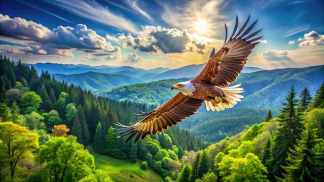 Majestic kyte bird soars through clear blue sky, wings spread wide, feathers glistening in sunlight, against a backdrop of lush green forest trees and rolling hills.