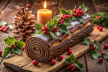 Traditional Yule log cake with holly leaves and berries on a rustic wooden table, warm candlelight